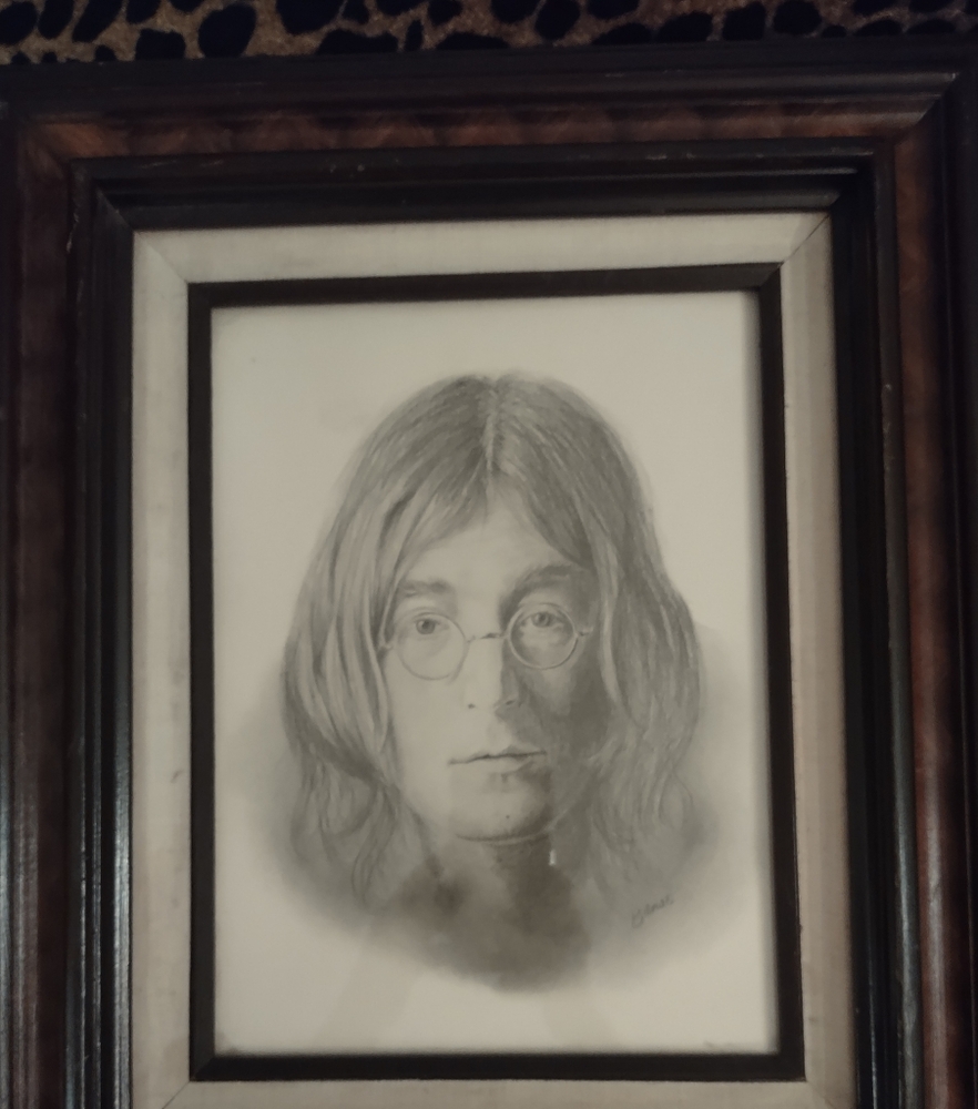 Vintage drawing of John Lennon by Banse in a Vintage 1970's wooden frame
